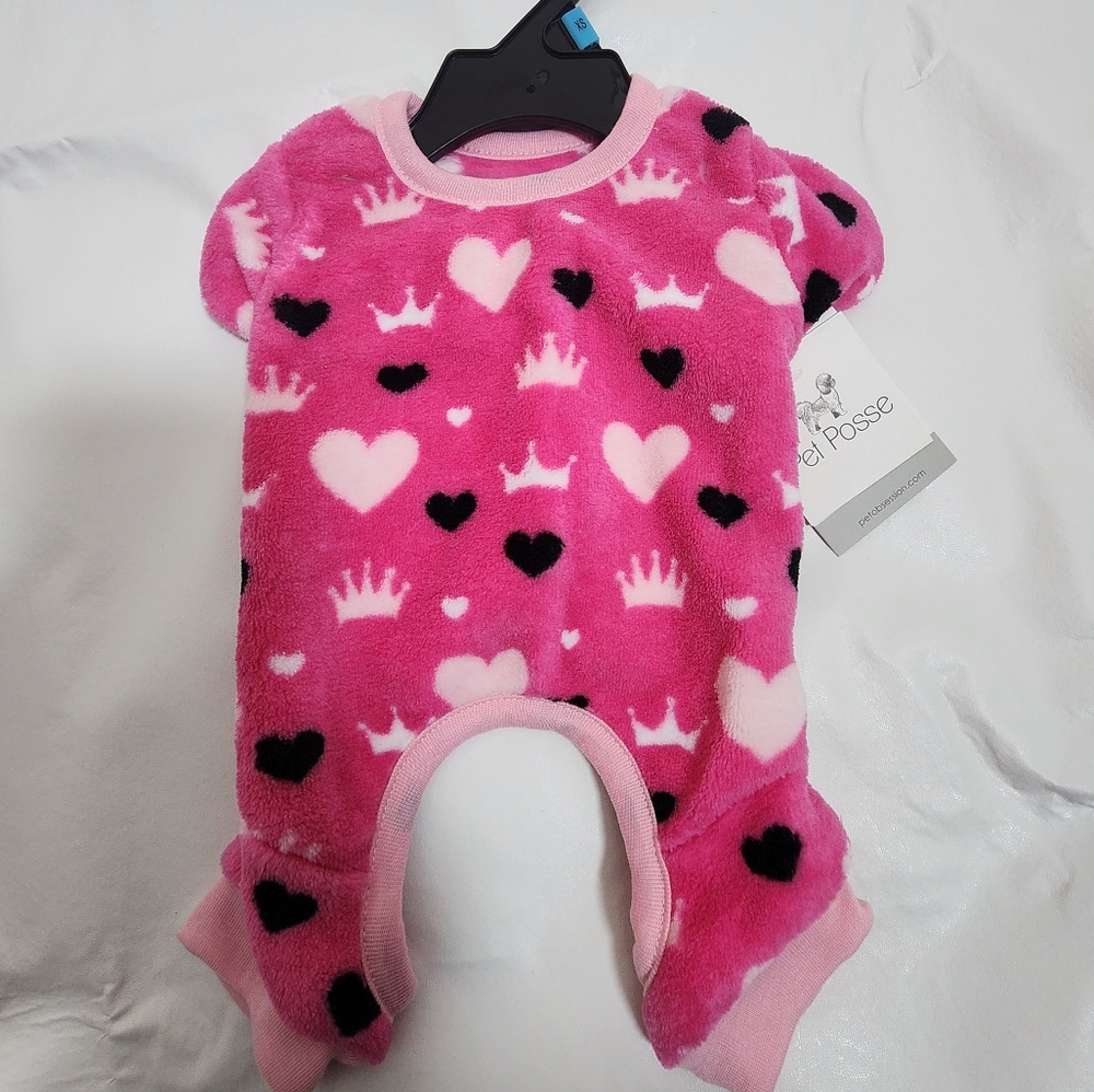 Pet Posse Dog Pajamas Size XS Fleece Pink Hearts and Crowns Print NWT
